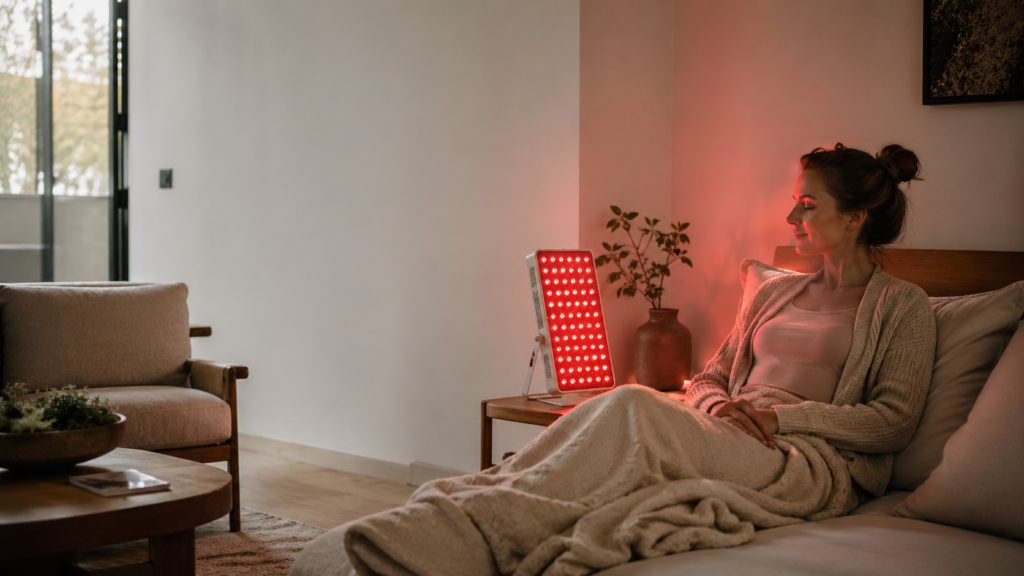Red light therapy panel used in a home wellness routine