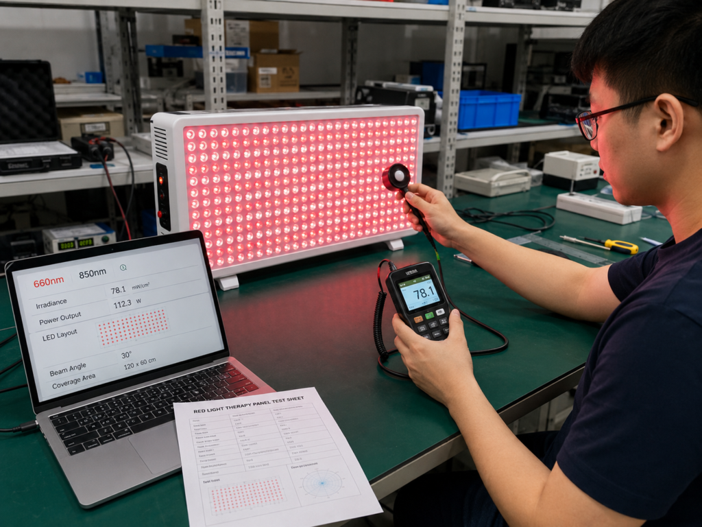 Red light therapy wavelength and irradiance testing for light performance configuration