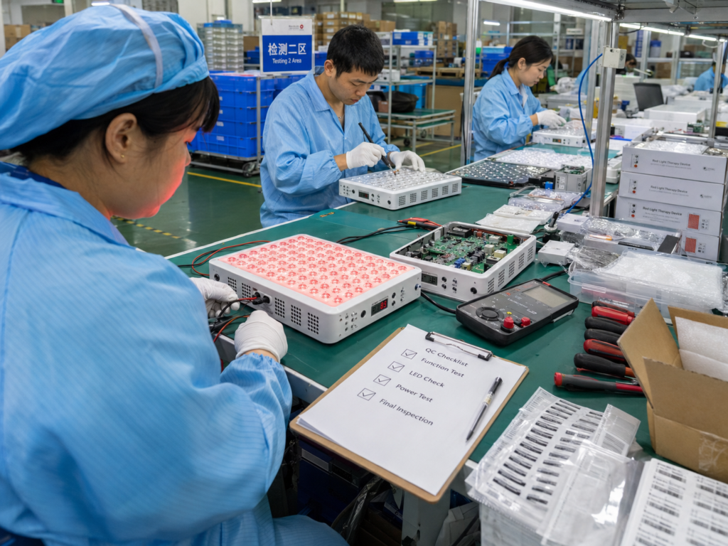 Red light therapy manufacturing quality control and LED function testing