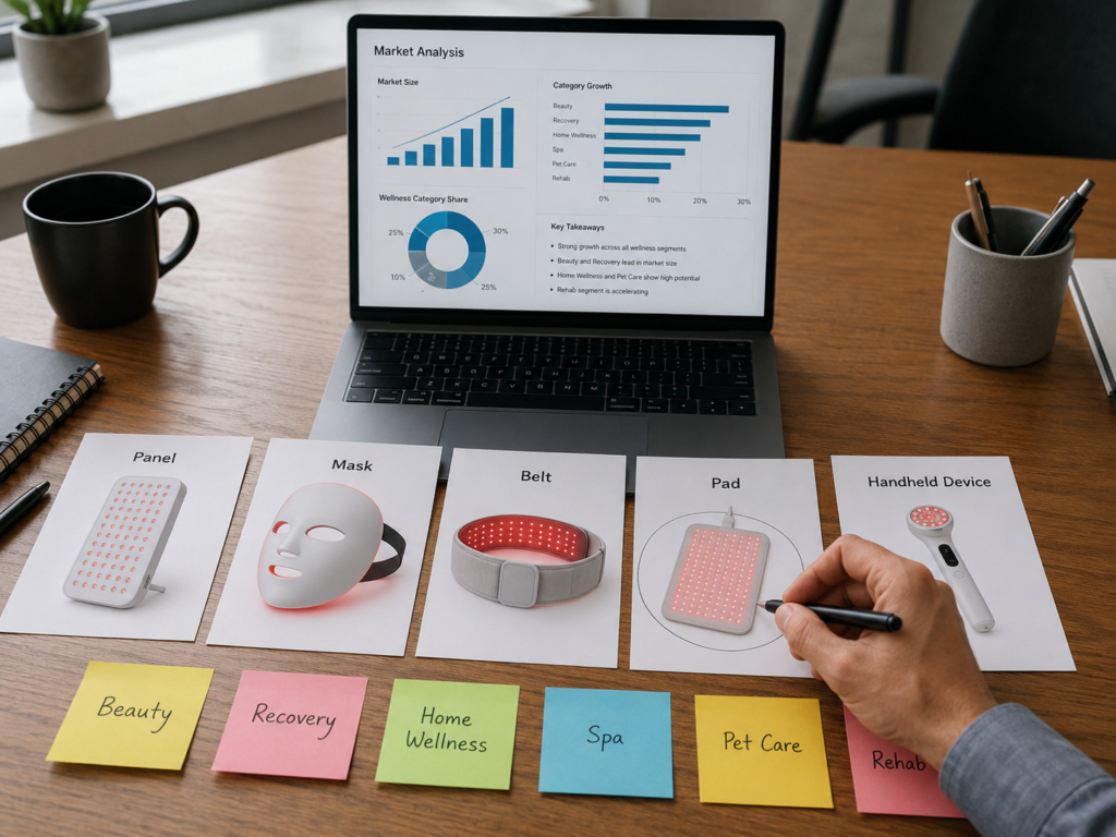 Red light therapy product opportunity mapping with market analysis and product category planning