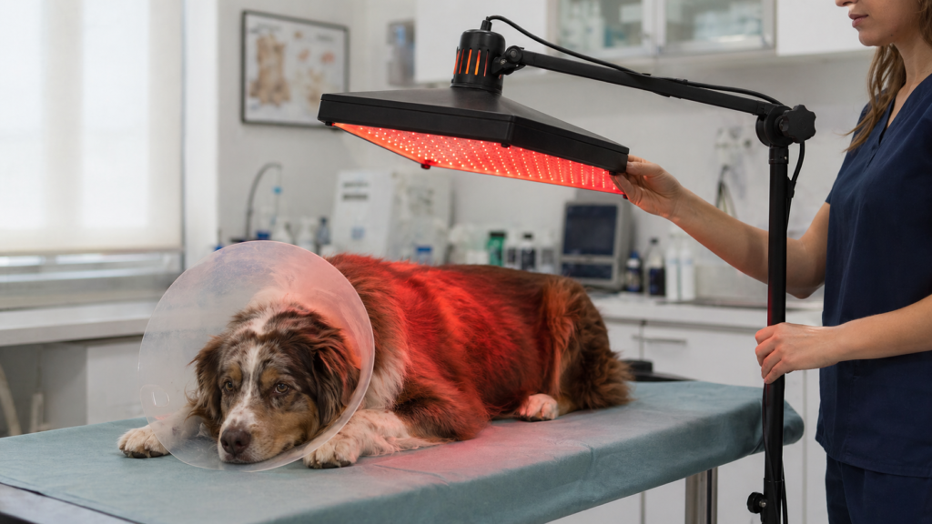 Red light therapy panel used for pet wellness and veterinary care application