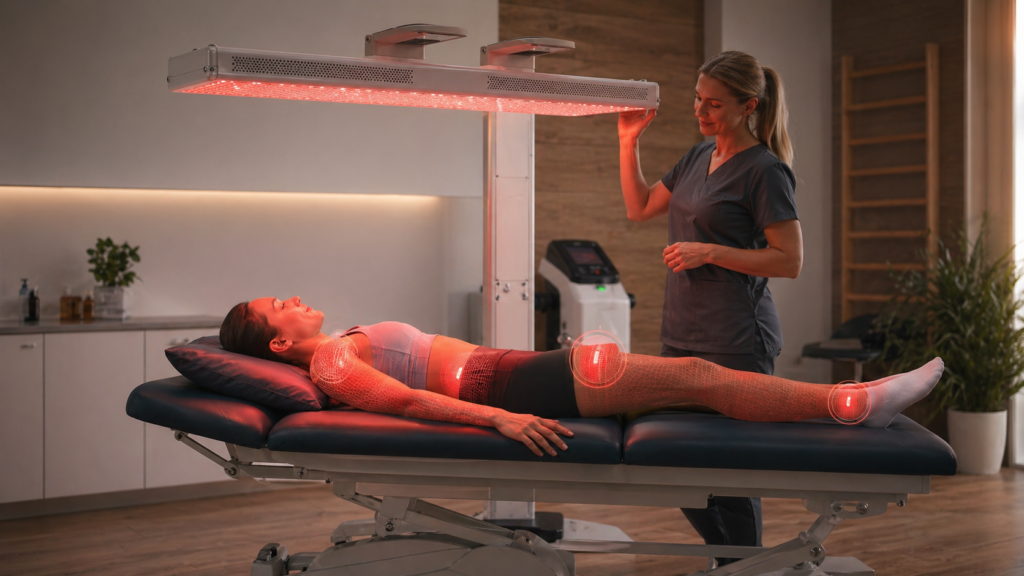 Red light therapy panel used in a rehabilitation and therapy wellness setting