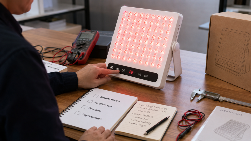 Red light therapy sample validation and feedback review before mass production