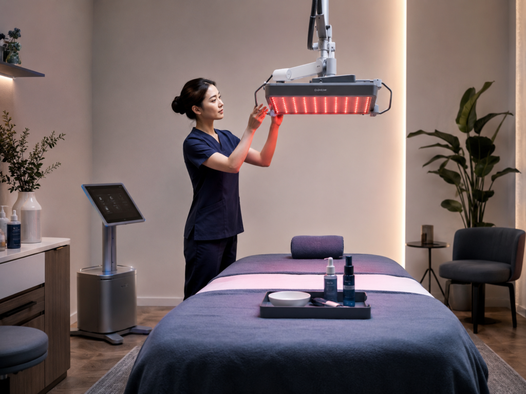 Professional beauty treatment room upgraded with red light therapy equipment
