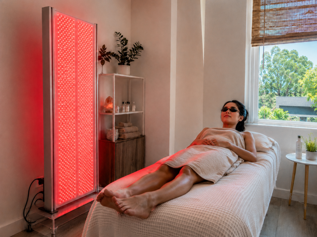 Red light therapy clinic room with full-body therapy panel