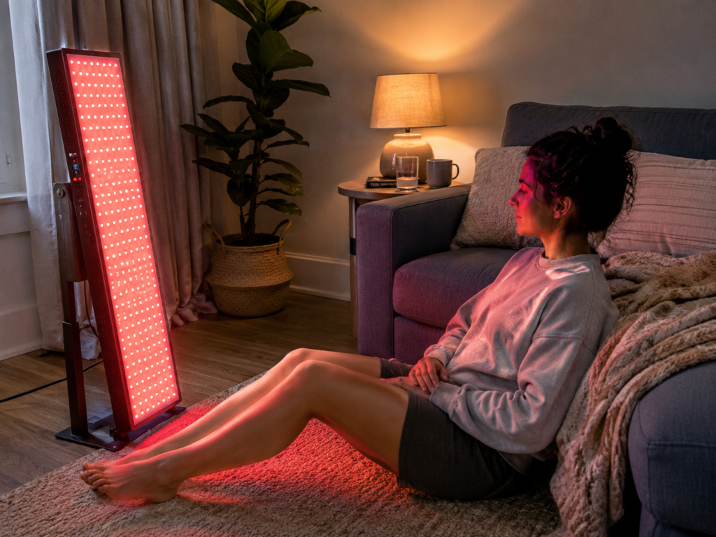 Person using a red light therapy panel in a home wellness routine