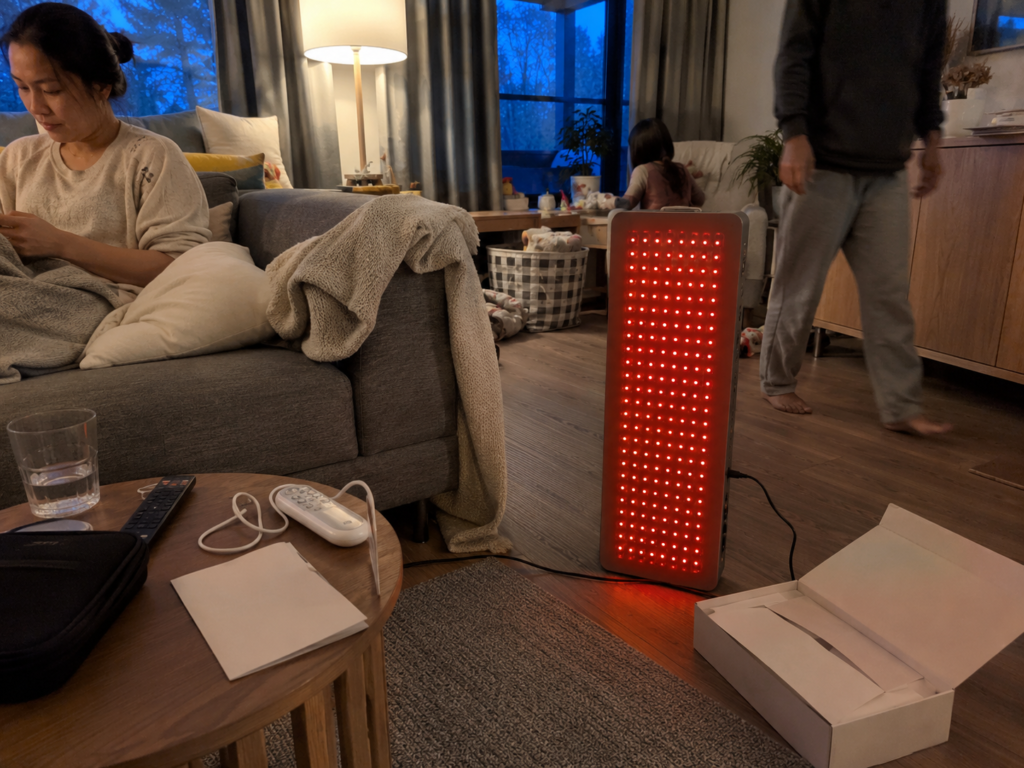 Home wellness red light therapy device used in a real family living room