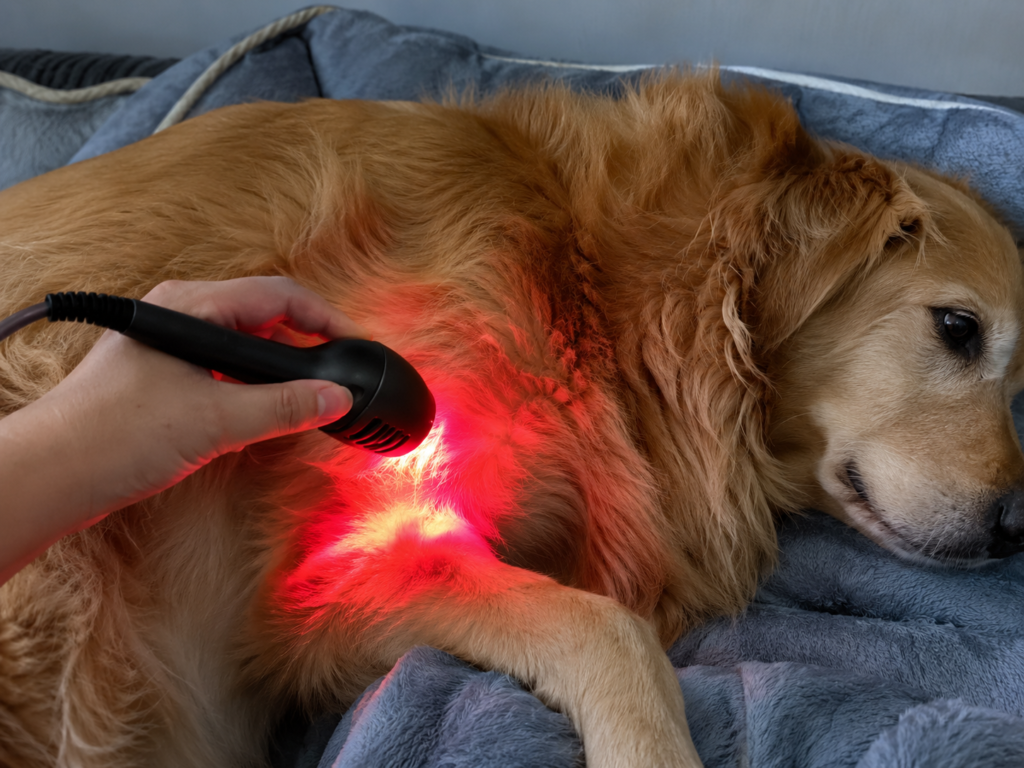 Handheld red light therapy device used for pet wellness care