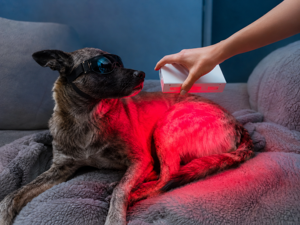 Handheld red light therapy device used for pet wellness care