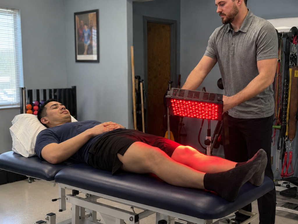 Red light therapy panel used in a physical therapy room
