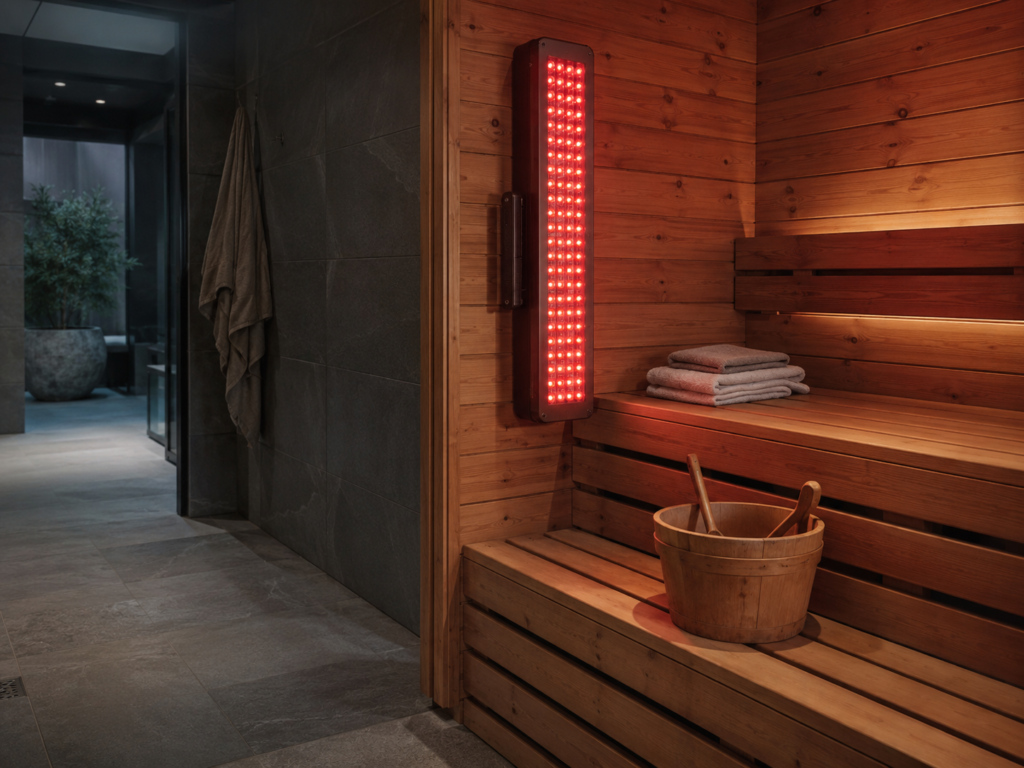 Red light therapy panel integrated into a sauna room for wellness spaces