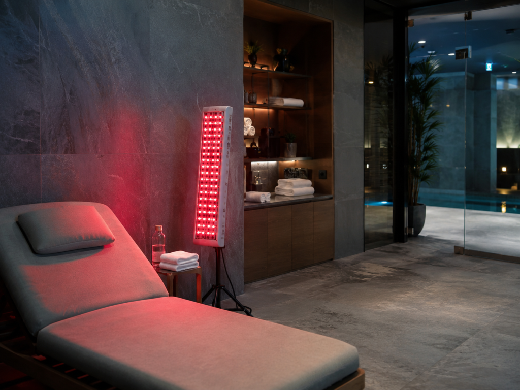 Red light therapy panel for hotel spa and wellness space applications