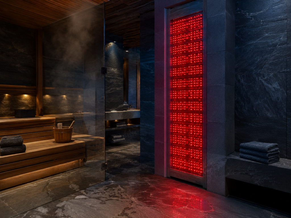 Large red light therapy panel integrated into a spa and sauna wellness space